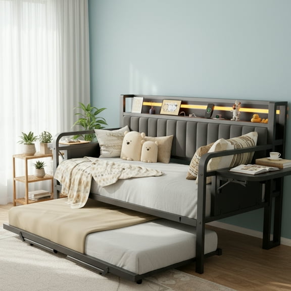 Vipuse Daybed with LED Light, Heavy Duty Metal Twin Bed Frame with Upholstered Storage Headboard & Charging Station, Day Bed Pop Up Trundle Bed Twin for Living Room,Bedroom and Guest Room,Black