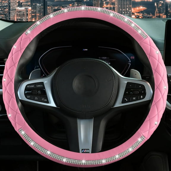Diamond Steering Wheel Cover,14.5-15 Inch Car Steering Wheel Cover with Bling Crystal Rhinestone,Delicate and Anti-Slip Sparkly Car Wheel Protector for Women Girl,Pink