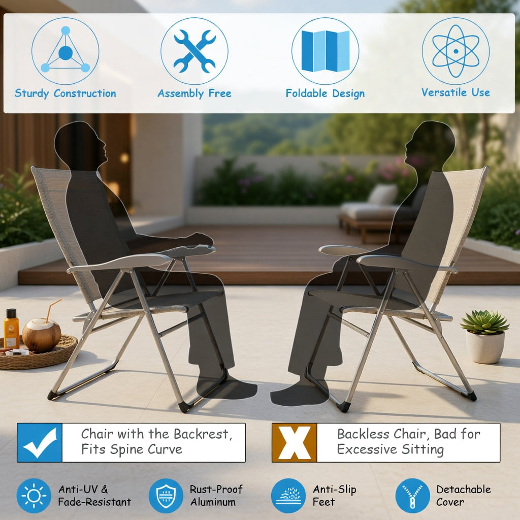 Hommoo 2-Pack Foldable Outdoor Patio Chairs with 7-Position Adjustable Backrest, Heavy-Duty Steel Frame, Breathable Oxford Fabric, for Backyard, Bistro, Pool & Camping, Black