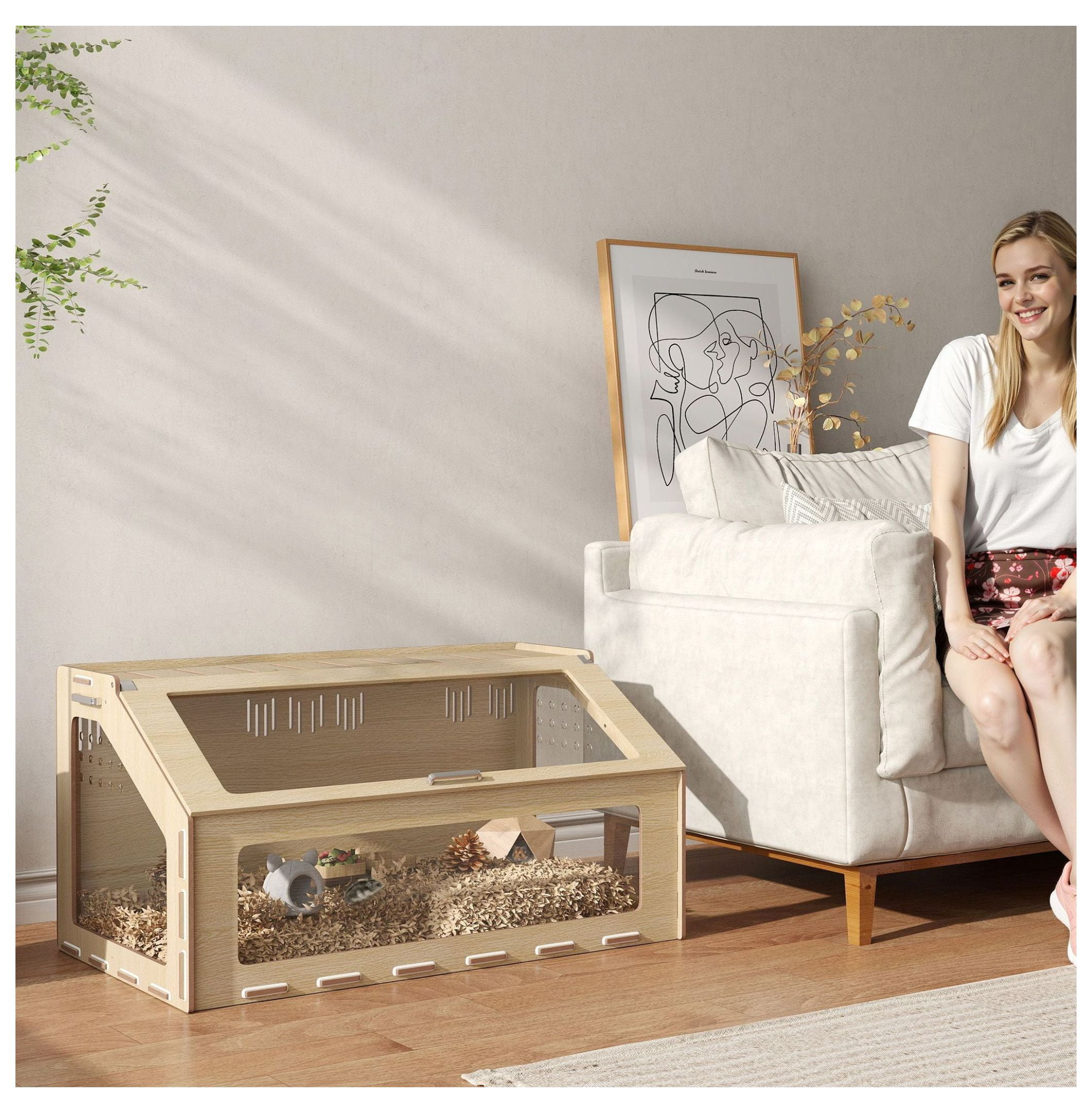 39 inch Hamster Cage with Acrylic Window & Openable Top for Dwarf Hamster, Gerbil, Guinea Pig, Rat, Oak