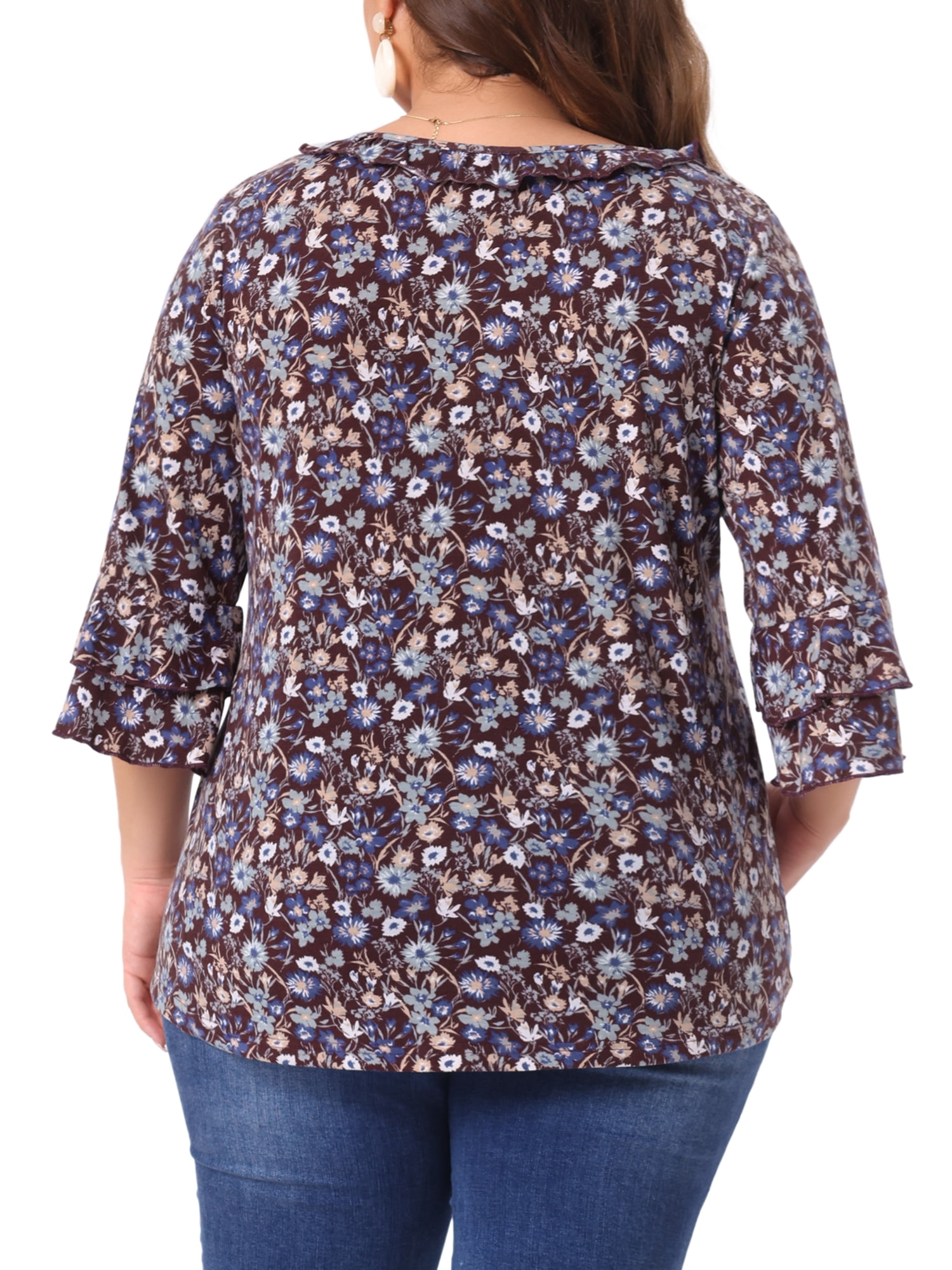 DARING DIVA Women's Plus Floral V Neck Tiered Ruffle Bell Sleeve Blouse 4X Red Brown