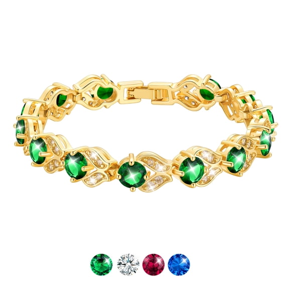 U7 14K Gold Plated Women Tennis Bracelet with Sparkling Green Emerald Cubic Zirconia Crystal Hand Link Jewerly Gift for Wife Daughter Girlfriend Christmas Stuffers