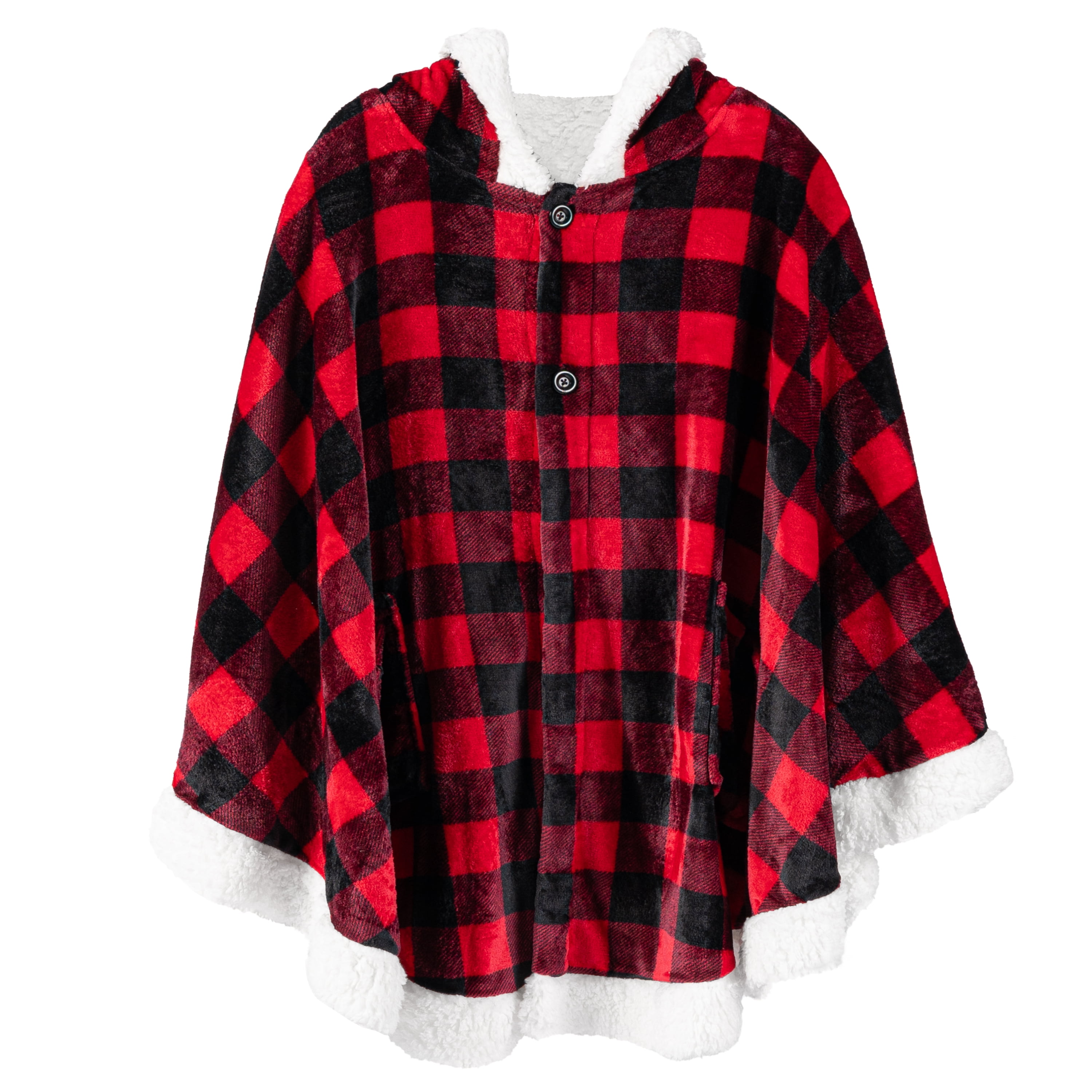 PAVILIA Sherpa Fleece Wearable Blanket for Adult Women, Cozy Plush Blanket Poncho Cape with Hood, Super Soft Shawl, Angel Wrap Throw for Office, Black and Red Buffalo Plaid Checkered