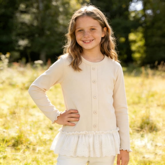 Girls Beige Lace Ruffle Cardigan Long Sleeve Button Front Knit Sweater for Kids Kids to Tween,Size 5-6 T