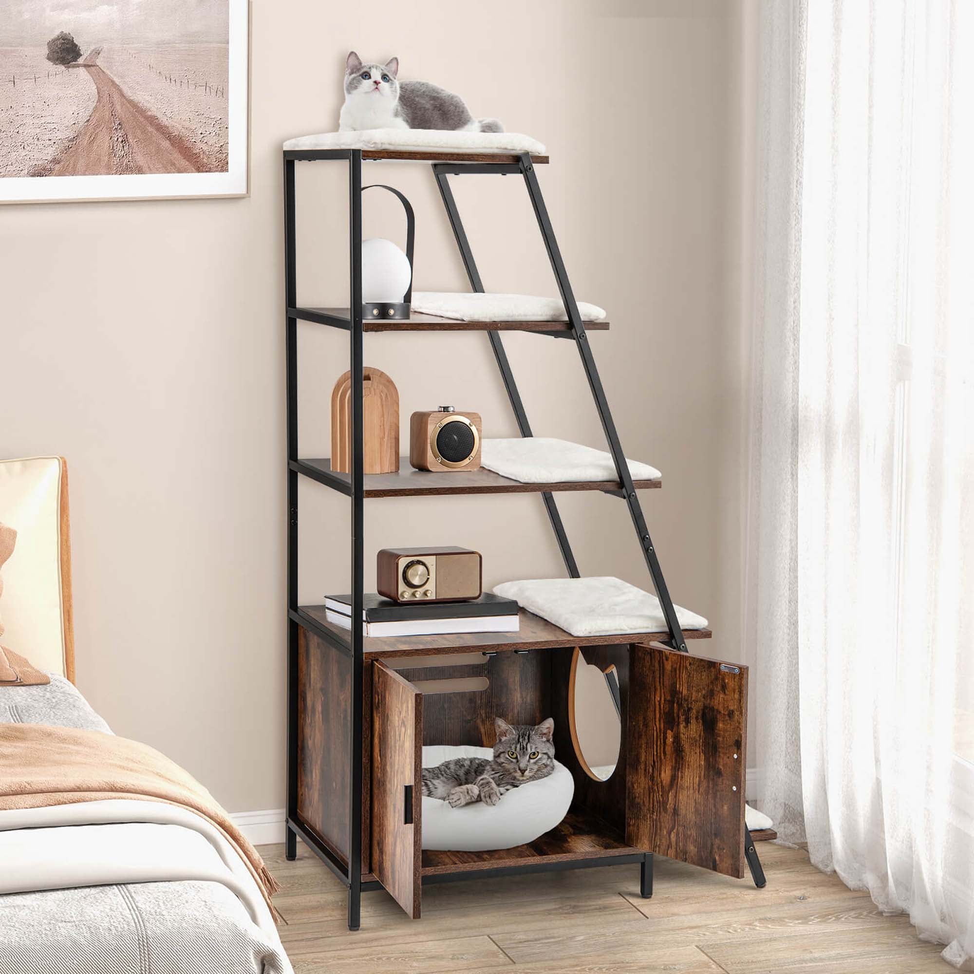 Costway Large Cat Litter Box Enclosure 2-in-1 Hidden Cat Washroom Furniture with Storage Brown