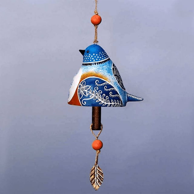 Fiudx Campana de Viento con Canto de Pájaros, Colgante Artesanal de Resina, con Pájaros Azules, Jilgueros, Colibríes y Carboneros, Alegre Decoración para El Jardín, Energía Positiva, 45 Cm de Largo.