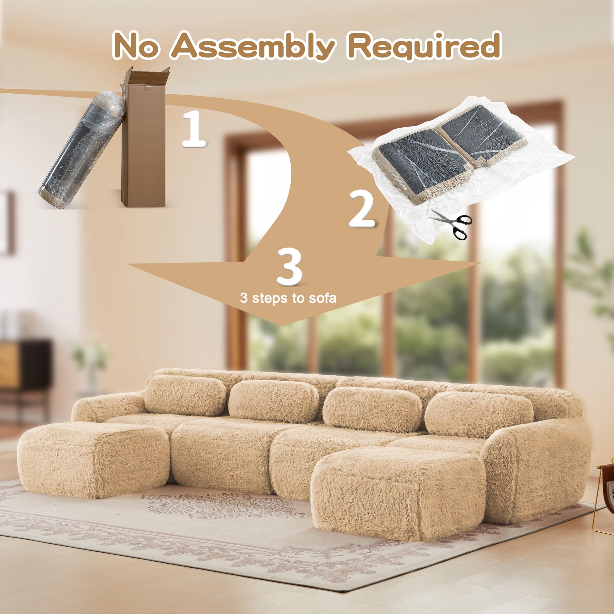 MAYEERTY 149" U-Shaped Boneless Sofa, Khaki 32D High Density Foam Ergonomic Couch, Non-Slip Base Vacuum Compression Free Combination No Assembly Design for Living Room Study