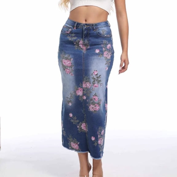 Women's High Rise Allover Floral Print Hem Split Back Midi Denim Skirt