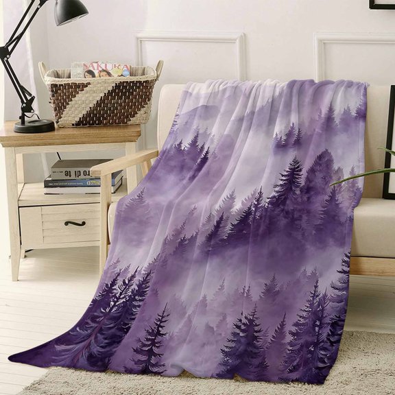 Throw Blanket Fleece Throw Blanket 40x50in, Watercolor Forest Scenery Soft Lightweight Bed Blankets Purple Gradient Tree Mountain Fuzzy Couch Blankets for All Season