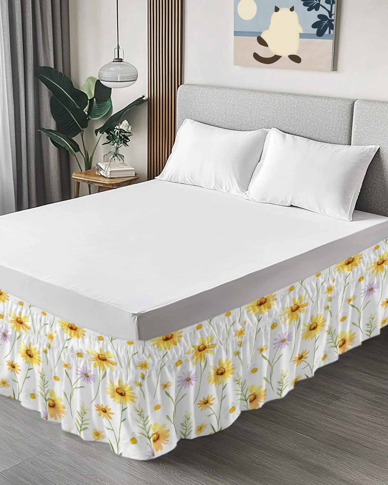 Yellow Daisy Flowers Leaf Bed Skirt King Size 18" Drop Simple Style Watercolor Nature Ruffled Wrap Around Bed Skirts Adjustable Elastic Bedskirt Dust Ruffle for King Size Bed
