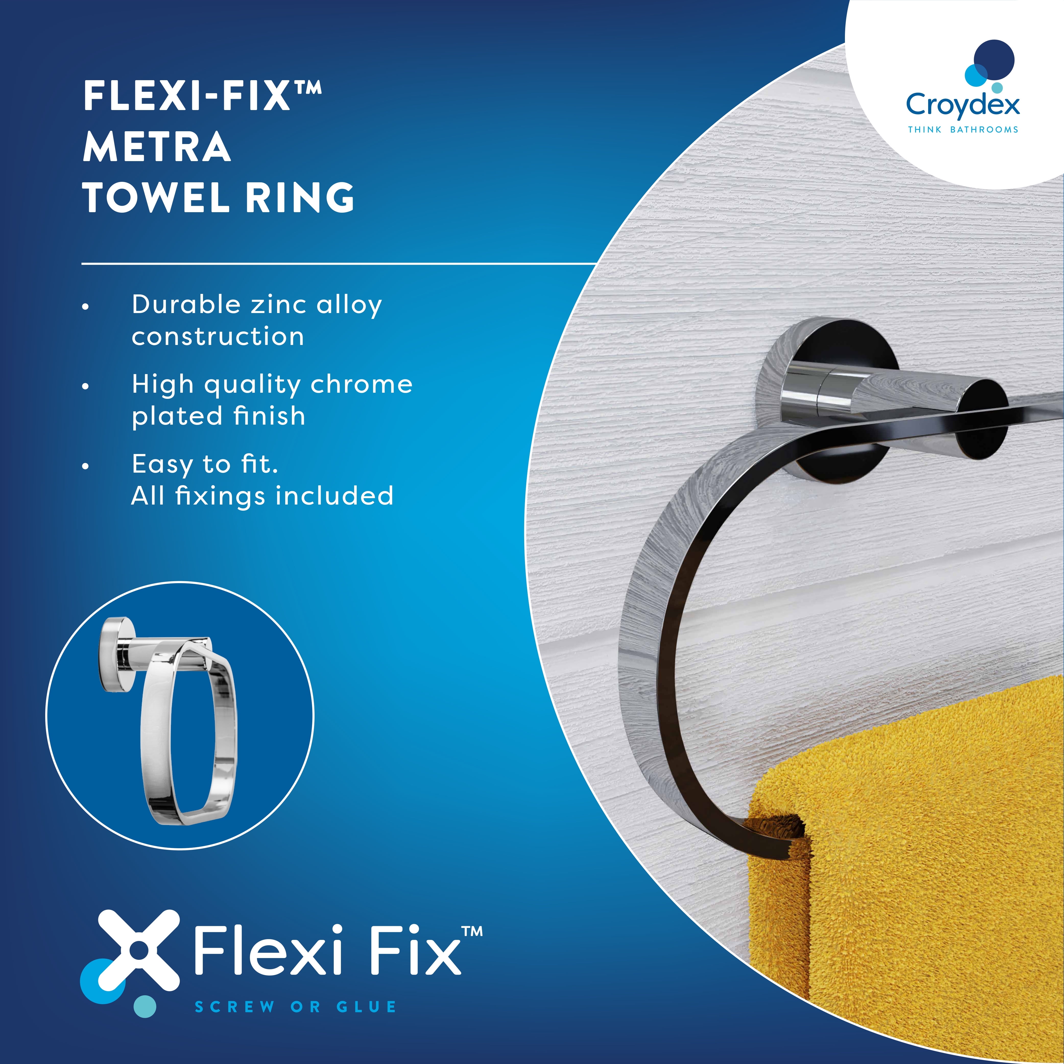 Croydex Metra Flexi-Fix Screw or Glue Towel Ring, Chrome