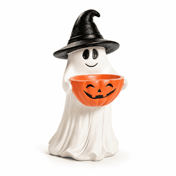 Clearance Halloween Ghost Candy Bowl Statue, Resin White Ghost Figurine with Pumpkin Treat Holder, Freestanding Decor for Porch Yard Patio Indoor Home