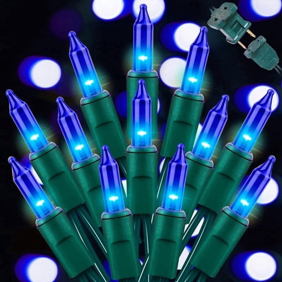 100-Count Blue Frosted Mini Bulb Straight String Lights, Green Wire, 120V Plug-in | Indoor & Outdoor Holiday Decor String Lights
