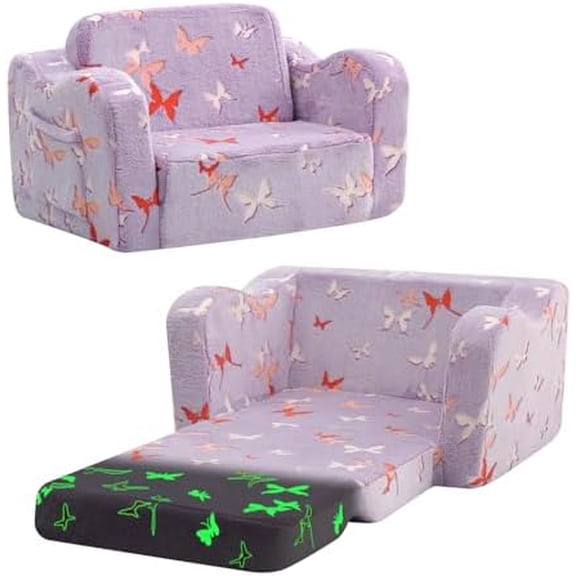 Toddler Chair Comfy 1-3 Years Old, Kids Couch for Playroom, Convertible Glowing Butterfly Flip Out Sofa, Kids Furniture Floor Recliner Chair Bed