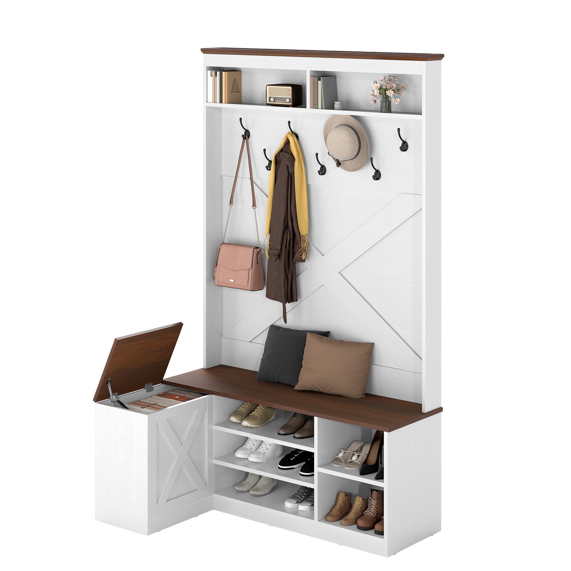 ModFusion White & Walnut L-Shaped Corner Entryway Hall Tree with Hooks, Flip-Top Storage, and Shoe Bench