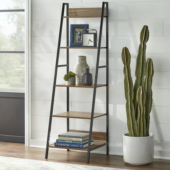 TMS Denton 5 Tier Ladder Bookcase, Walnut/Black