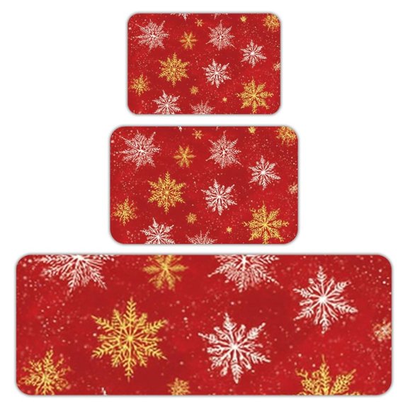 RKSupls Kitchen Rug Set 3 Piece Anti-Slip Flannel Floor Mats, Snowflakes Red Gold Washable Absorbent Runner Mats for Kitchen Bathroom Home Decor