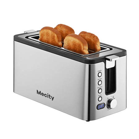 

Mecity 4 Slice Toaster Long Slot Toaster With Countdown Timer Bagel / Defrost / Reheat / Cancel Functions Warming Rack removable Crumb Tray 6 Browning Settings Extra Wide Long Slots Stainless St