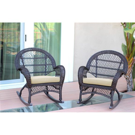 W00208-R-2-FS001-CS Santa Maria Espresso Wicker Rocker Chair with Ivory Cushion - Set of 2