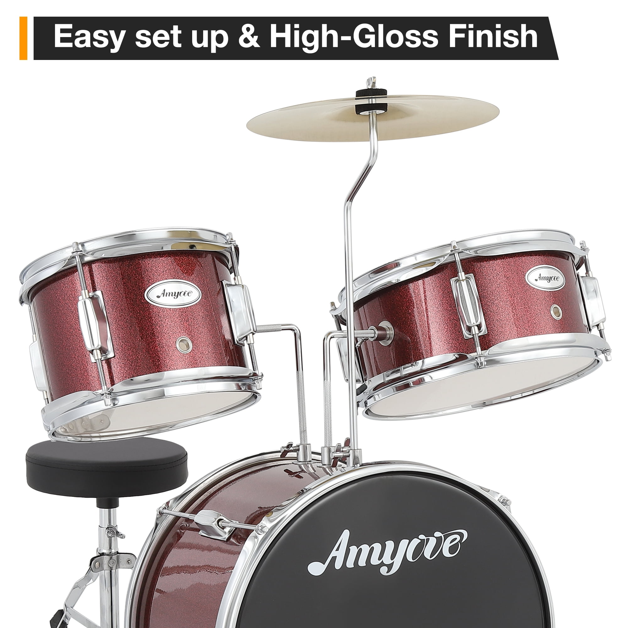 Drum Set, 3 Piece Junior Drum Set with with Cymbal, Tom, Bass Drum, Drumsticks, Bass Pedal and Drum Stool, Musical Instrument Gift Set For Beginner