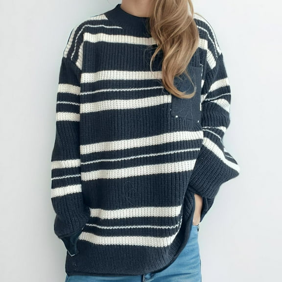 Jjayotai Womens Sweater Pullover, Casual Long Sleeve Crewneck Color Block Pullovers, Knit Sweaters for Women Black M