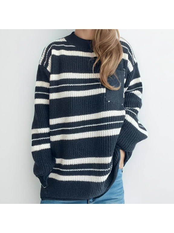 Cream White & Black Thick Striped Knit Long Sleeve Crewneck Pullover Sweater main image 0
