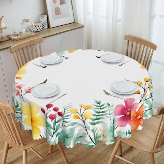 Floral Watercolor Frame Patter Round Tablecloth Polyester Waterproof & Washable 70" Table Cloth Indoor and Outdoor for Kitchen Dining Party Picnic Table Cover