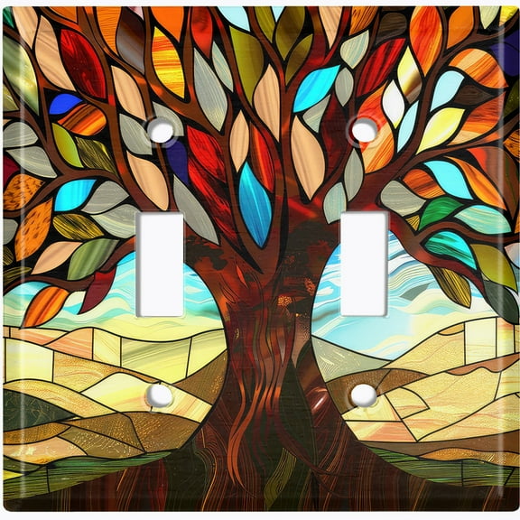 Metal Light Switch Wall Plate Outlet Cover (Stained Glass Tree - Double Toggle)