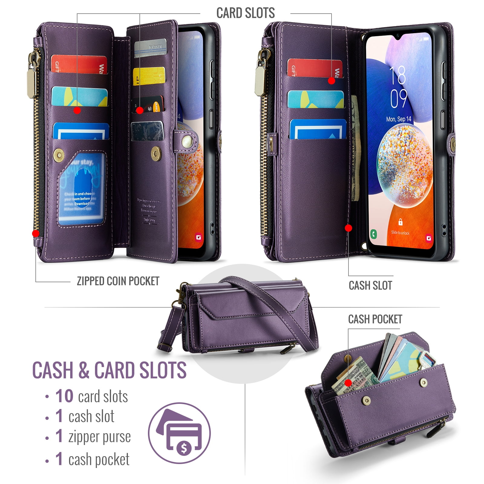 Asuwish Compatible with Samsung Galaxy A15 5G/4G Zipper Wallet Phone Case Tempered Glass Screen Protector Crossbody Lanyard Strap Flip Card Holder Slot Cell Cover for A 15 G5 15A Women Girls Purple