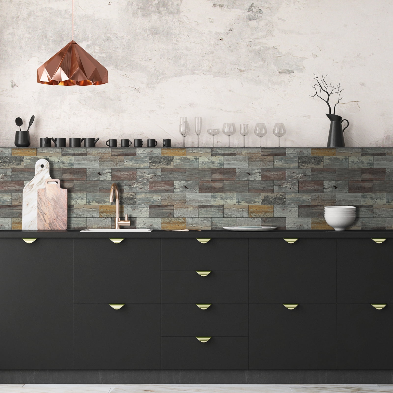 12-Sheet Subway Tile Peel and Stick Backsplash, 11.8" x 11.8" Self Adhesive PVC Wall Tiles for Kitchen Fireplace (Vintage Wood Grain)