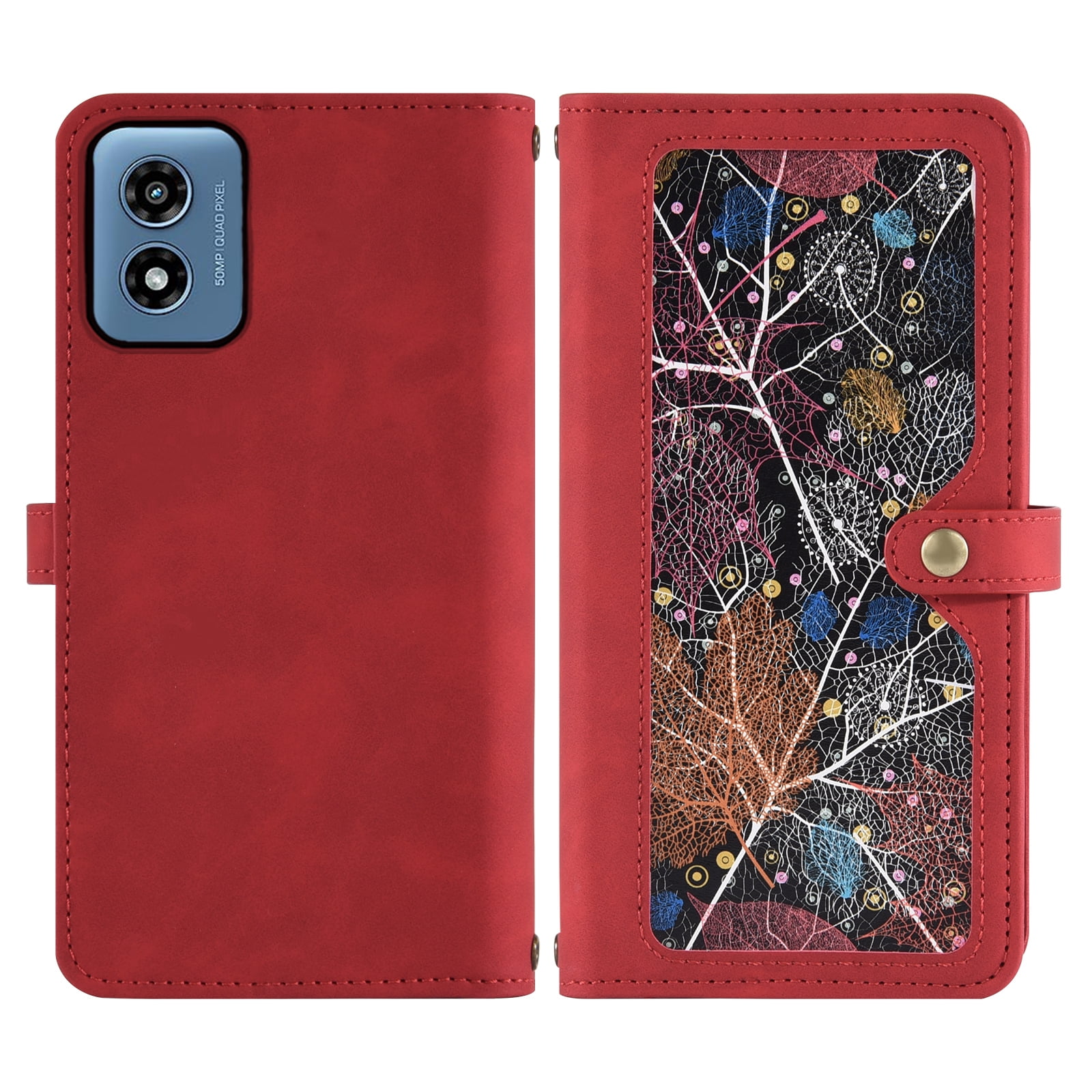 Asuwish Phone Case for Motorola Moto G Play 4G 2024 Wallet Cover With Tempered Glass Screen Protector Crossbody Wrist Strap Flip Pattern Zipper Credit Card Holder Cell XT2413V XT2413-1 64GB Women Red