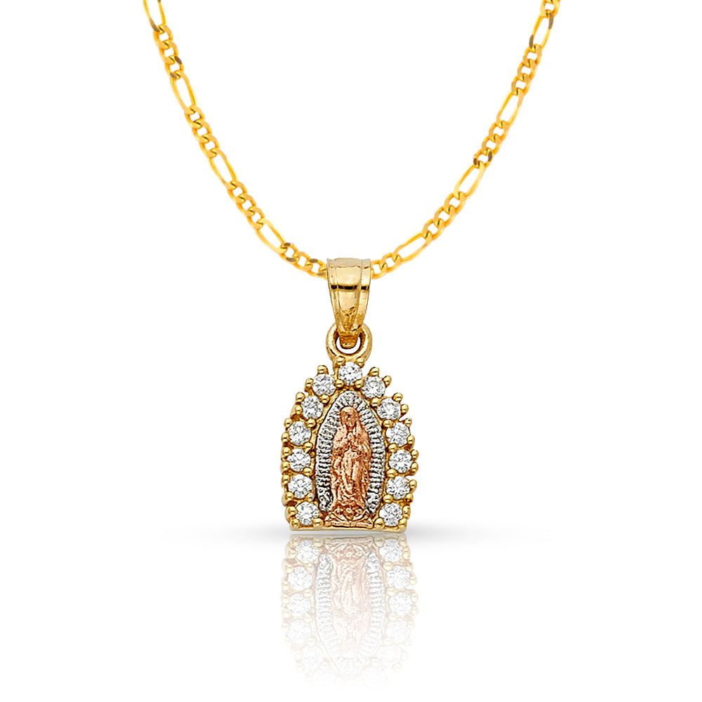 The World Jewelry Center 14k Tri Color Gold Religious Mary Guadlupe Pendant with 1.2mm Cable Chain Necklace