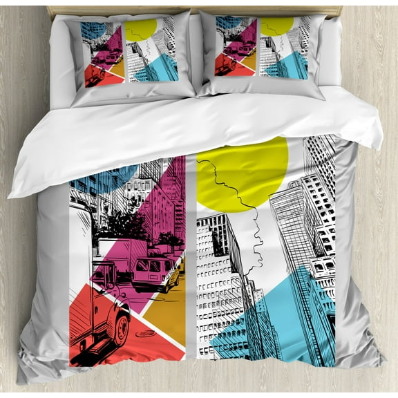 City Queen Size Duvet Cover Set, Urban Illustration with Comic Strip Design Trucks and Van Architecture Modern Times, Decorative 3 Piece Bedding Set with 2 Pillow Shams, Multicolor, by Ambesonne