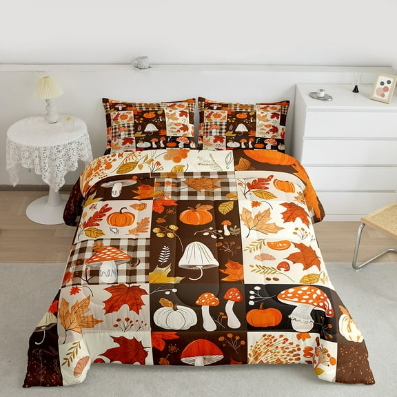 jejeloiu Autumn Harvest Pumpkin Bedding Comforter Set,Hello Fall Twin Comforter Sets,Rustic Flower Mushroom Maple Bedding Set For Men Women,Microfiber Bedroom Decor Reversible,2pcs