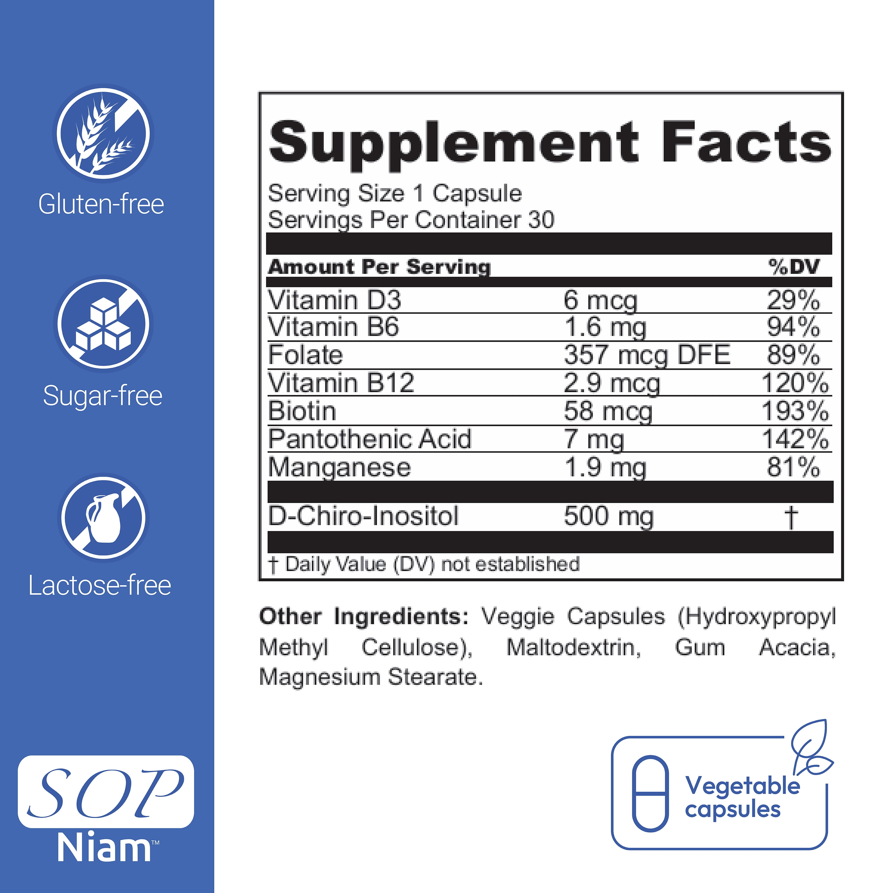 SOP NIAM D-Chiro Inositol Supplement for PCOS with Folic Acid, Vitamin B6, B12, D3, Biotin, Gluten-Free, 30 Capsules, 30 Day Supply