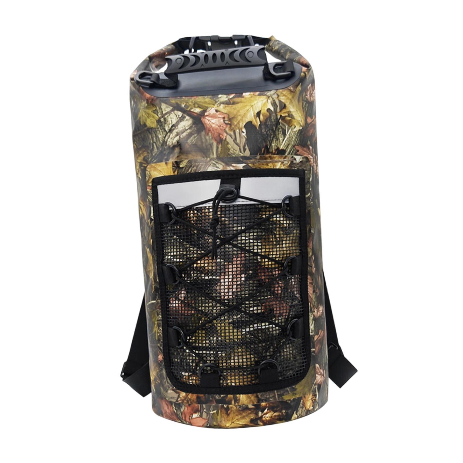 Dualoai Waterproof Dry Bag Multifunctional with Mesh Pocket Men Women Comfortable Floating Backpack Storage Bag for Swimming Kayaking Leaves Pattern