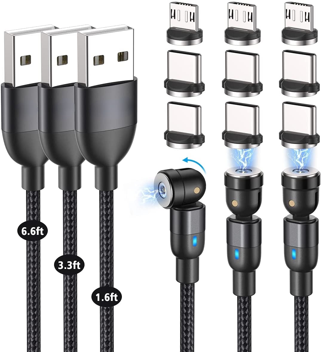 FUCHEGN Magnetic Charging Cable Set 1.6', 3.3', 6.6' Micro USB to Type, Black, 3 Count