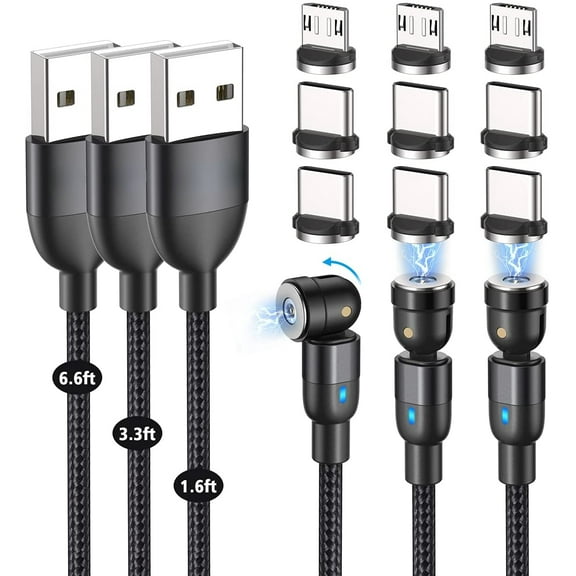 FUCHEGN Magnetic Charging Cable Set 1.6', 3.3', 6.6' Micro USB to Type, Black, 3 Count