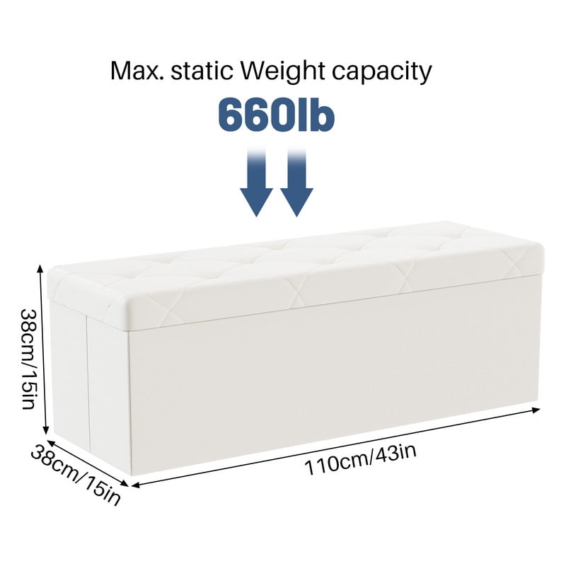 Gianna 43 Inches Folding Ottoman with Storage Bench, Foot Rest Stool, End of Bed Storage Bench Upholstered, Load 660 lbs, for Living Room, Synthetic Leather, Beige