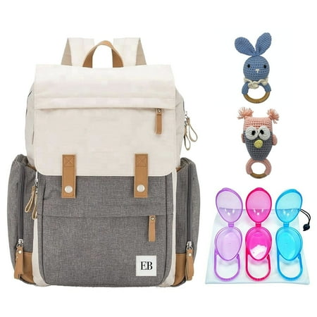 Baby Diaper Bag Backpack | Pacifier Holder Case | 2 Baby Rattles Combo
