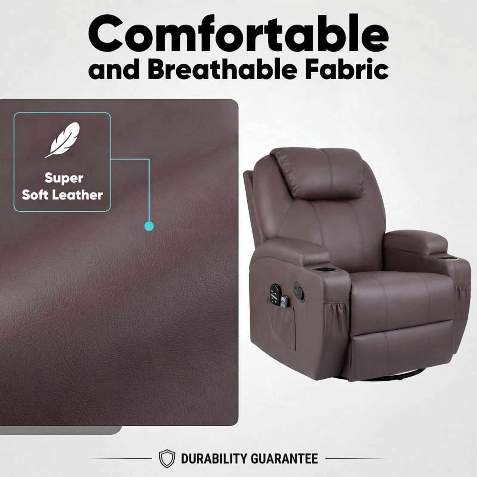 Lacoo PU Leather Swivel Rocker Recliner with Massage for Living Room Small Spaces Lounge Recliner Chair with Side Pockets for Adults,PU Brown