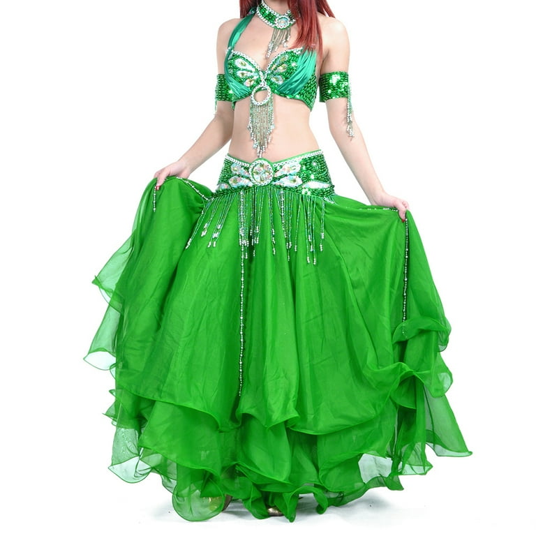 Bellylady Belly Dance Skirt Halloween Tribal Chiffon Tiered Maxi Full Skirt-Green
