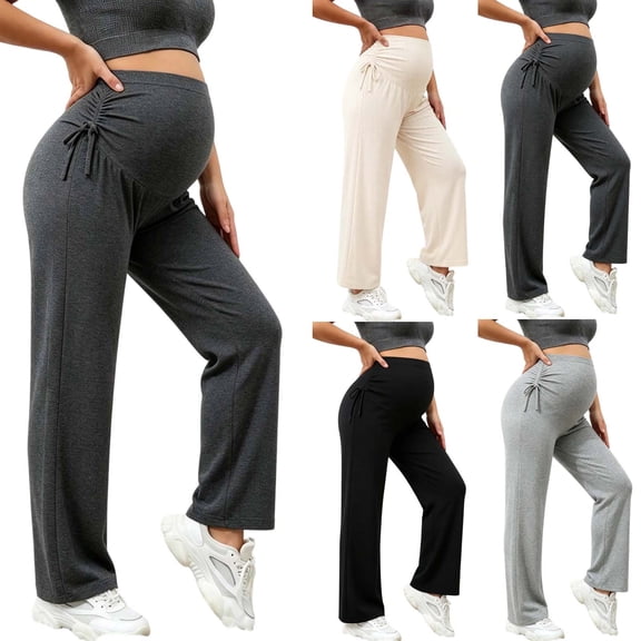 YUANxueke Women's Maternity Pants Side Ruched Knot High Waist Pants Belly Support Straight Wide Leg Pants,Beige,L