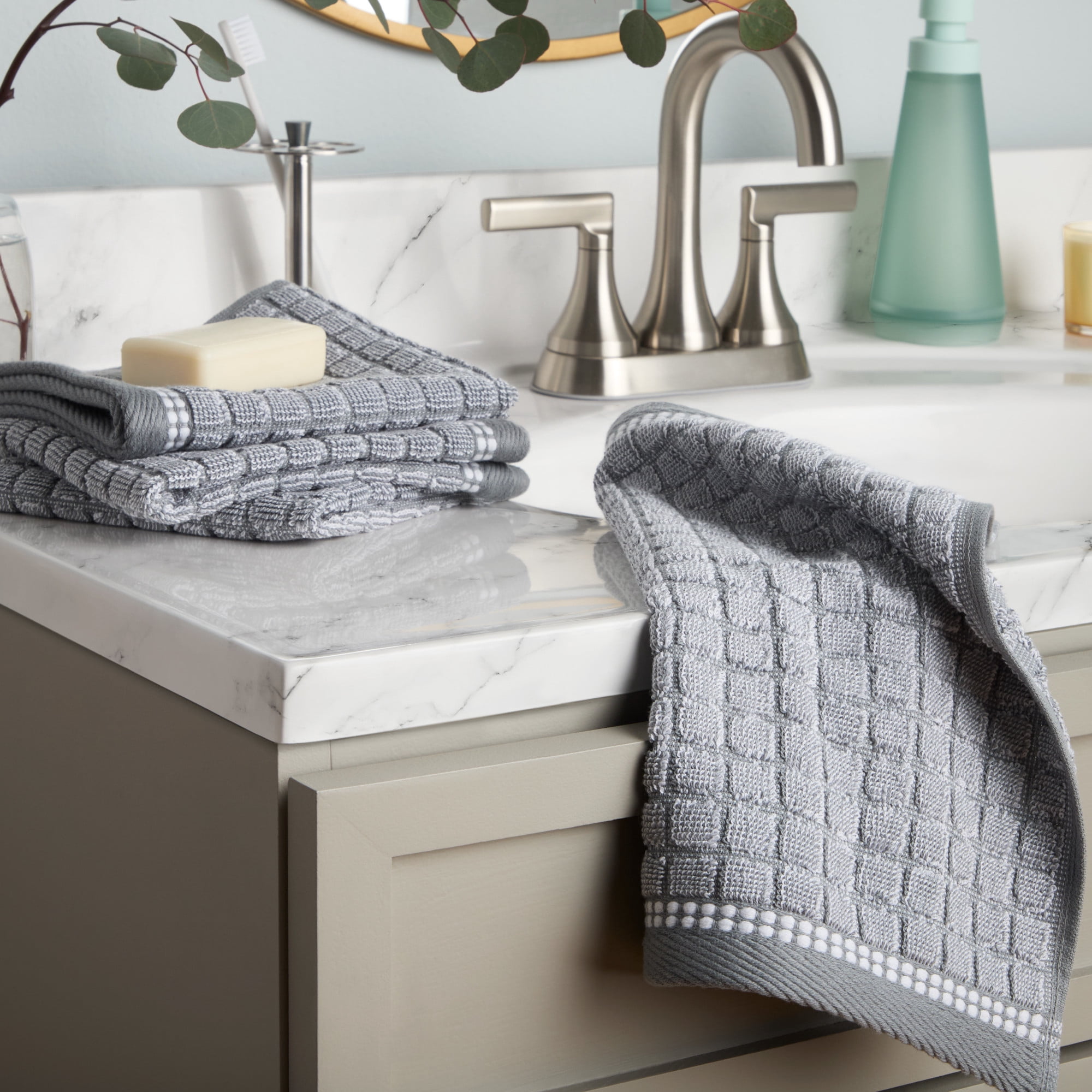TOWN & COUNTRY EVERYDAY 4-Piece Textured Windowpane Washcloth Set, 13"x13", 100% Cotton, Plush & Absorbent 550GSM, Grey
