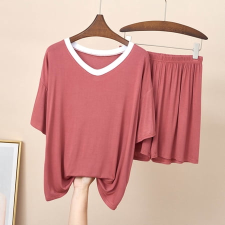 Mifsaly Matching Pajama Set for Women V Neck Short Sleeve Tee and Elastic Waist Shorts Casual Lightweight Summer Homewear 2026 Red L