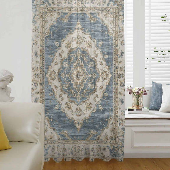 Boho Blue Semi Sheer Curtains Drapes for Living Room, Bedroom, French Doors Window 45 Inches Long, Retro Tribal Traditional Distressed Printed Rod Pocket Chiffon Curtain Drapery Voile Drape Panel