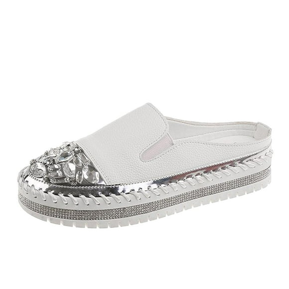 Bmisegm Ladies Fashion Solid Leather Rhinestone Decoration Thick Sole Casual Half Slippers Casual Shoes for Women White 42