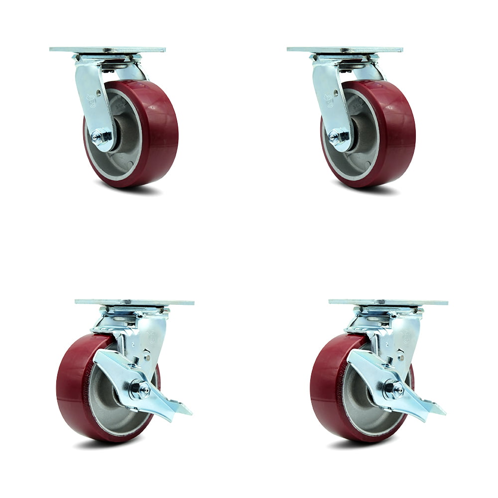 Set of 4 Swivel Plate Caster w/ 5" Maroon Polyurethane Wheel & 2 Brakes 1200# 