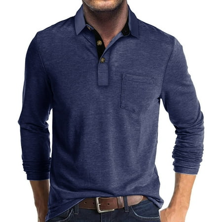 

Tao Men s Casual Polo Shirts Classic Button Basic Long Sleeve Shirt Solid Color Cotton Tees Stylish Tops Dark BlueL