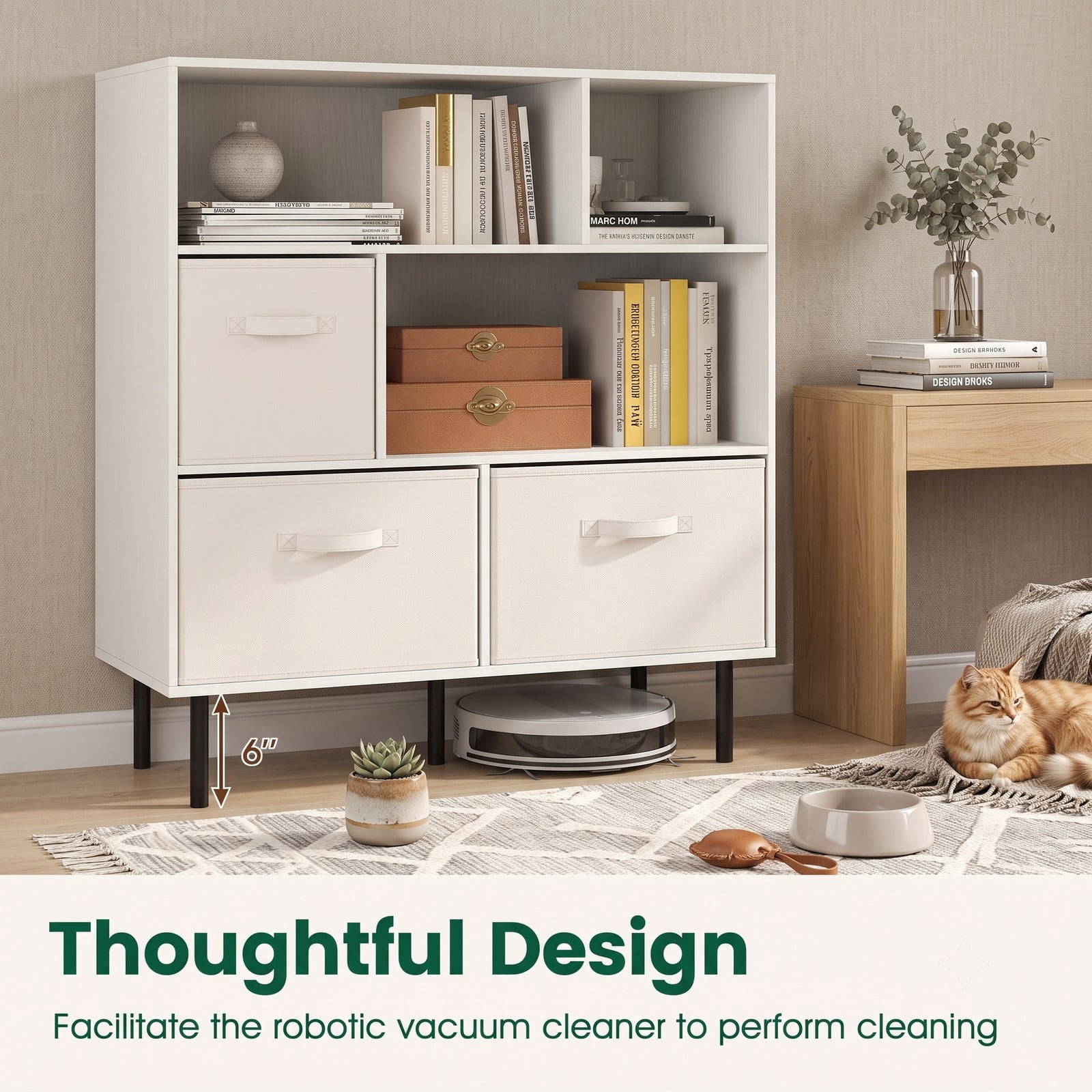 Furnibear 6-Cube Bookshelf with 3 Removable Folding Fabric Drawers, Metal Frame Cube Storage Organizer Bookcase Display Shelf for Living Room Bedroom Home Office, White
